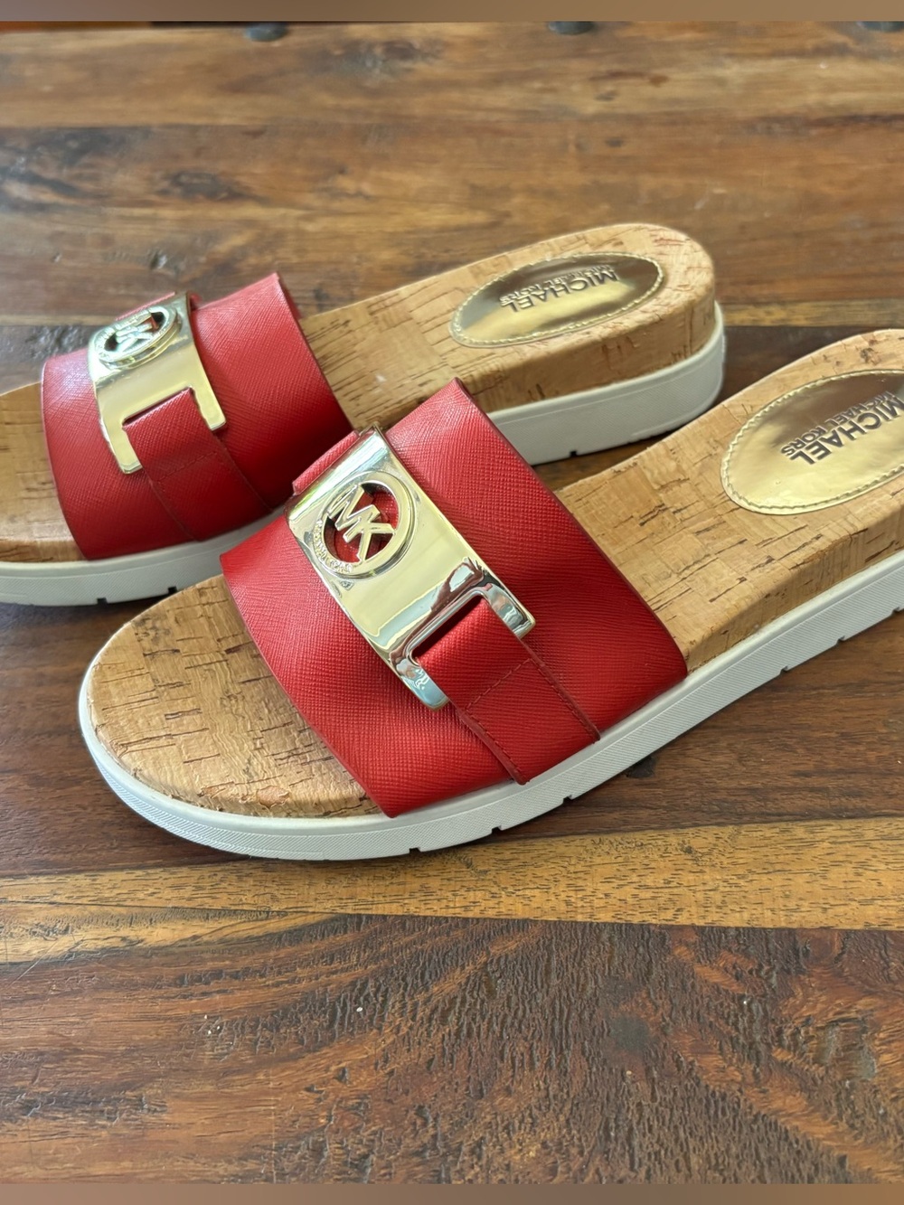 Michael Kors Red Warren Slides with Gold Logo Buckle - Picture 2 of 5